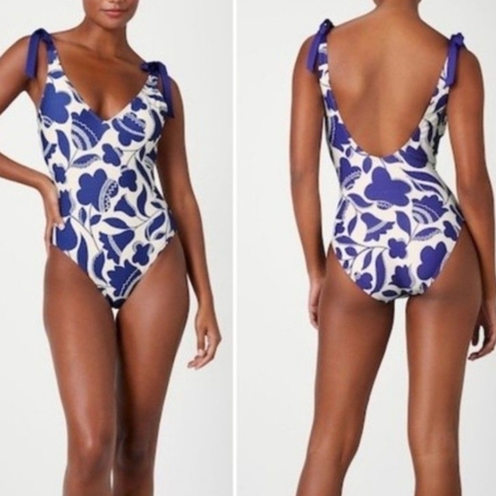 Kate Spade Zigzag Floral Bow-strap V-neck One-piece Swimsuit Size Large